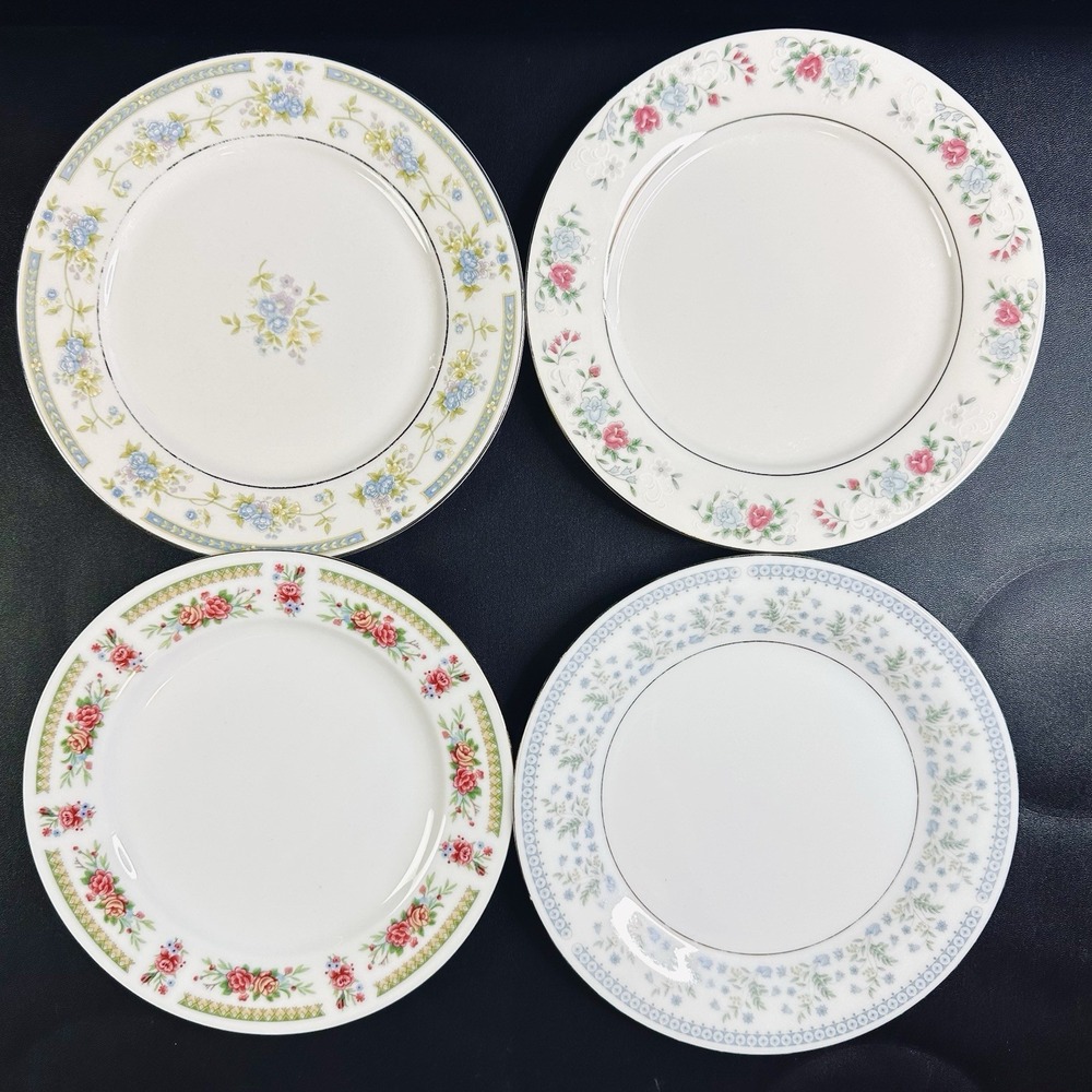 4 Vtg Mismatched China SALAD Luncheon Plates Plate Set Mixed Floral Blue Gold - Picture 3 of 9